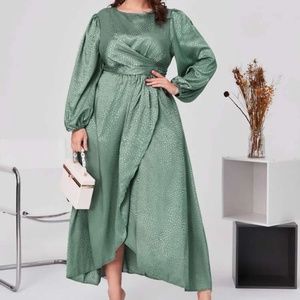 Jacquard lantern sleeve wrap dress